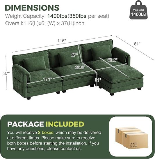 ELUCHANG 113" Modular Sectional Sofa, Comfy Cloud Couch, L Shaped Deep Seat Sofa Couches for Living Room, 4-Seater Modern Sofa with Movable Ottoman, DIY Combination - Chenille Olive Green