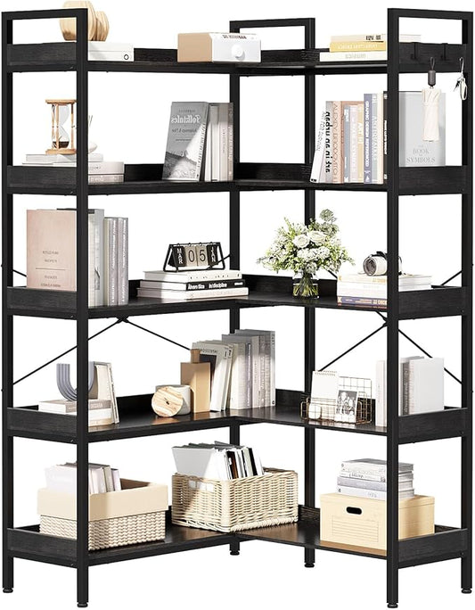 KOUSEI 5-Tier Corner Bookshelf, Reversible L-Shaped Bookcase with 4 Hooks, 65" Industrial Wood & Metal Storage Shelf for Living Room, Home Office & Bedroom, Black