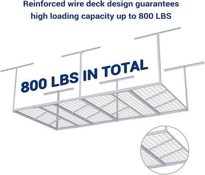 FLEXIMOUNTS Pro 4x8 Overhead Garage Storage Rack,Adjustable Storage Organization System, Heavy Duty Metal Ceiling Storage Racks, 800lbs Weight Capacity, White, Pro Series