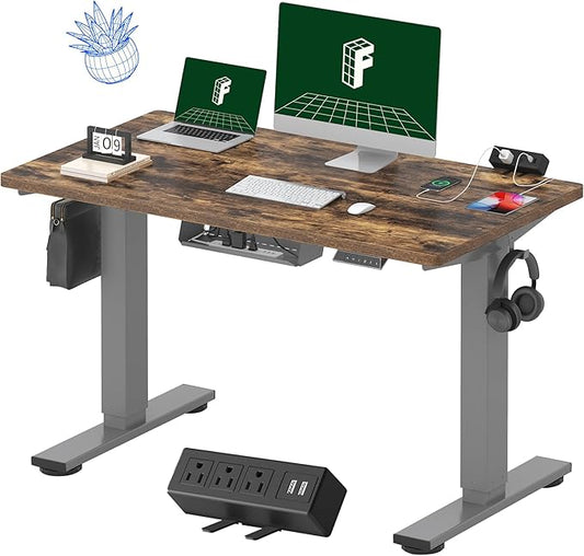 FLEXISPOT EN2 Whole-Piece Standing Desk with Clamp Power Strip, 48 x 24'' Electric Stand Up Height Adjustable Desk with Cable Management (Gray Frame + 48" Rustic Brown Desktop, 2 Packages)