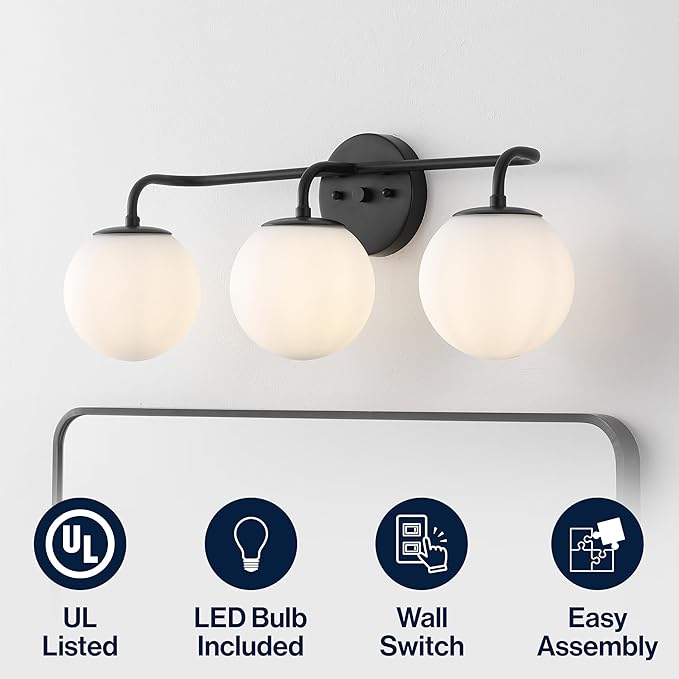 JONATHAN Y JYL3536B Louis Parisian Globe 25" 3-Light Metal/Frosted Glass Modern Contemporary LED Vanity Light Midcentury, Glam, Transitional, Bathroom, Powder Room, Dressing Room, Bedroom, Black