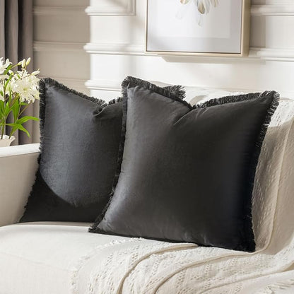 FUTEI Black Velvet Decorative Throw Pillow Covers 18x18 Set of 2,Soft Cozy Edge with Tassels Cushion Case,Boho Modern Home Decor for Couch Bed Living Room