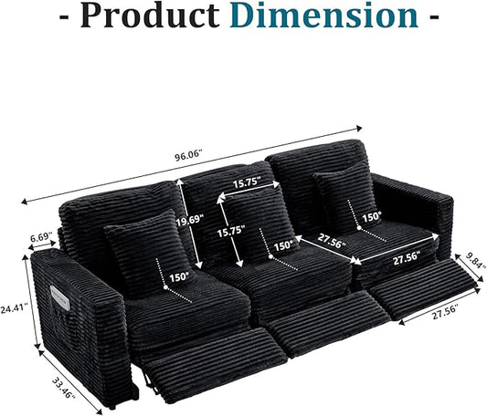 ORRD Power Reclining Sectional Sofa, Electric 3 Seat Recliner with 3 Electric Footrest and Adjustable Headrest, Modern Plush Corduroy Fluffy Reclining Sectional with Deep Seat for Living Room-Black
