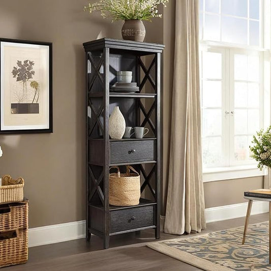 Signature Design by Ashley Tyler Creek Casual Farmhouse 75" Display Cabinet or Bookcase with Drawers and Shelf, Open Lattice Sides, Wood, Gray Black Finish