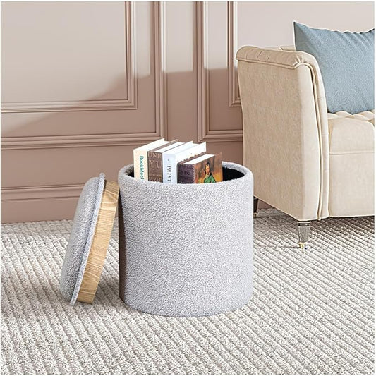 PINPLUS Round Boucle Ottoman with Tray, Storage Teddy Velvet Footstool Ottoman Cube for Living Room, Bedroom, Dorm 13.4"x13.4"x15" (Grey)