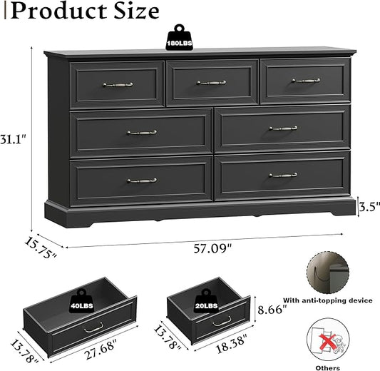 Farmhouse 7 Drawers Dresser for Bedroom, 57" Wide Modern Chest of Drawers with Deep Drawers & Bar Handles, Rustic Wood Dresser TV Stand, Wooden Closet Storage Organizer for Living Room, Hallway, Black