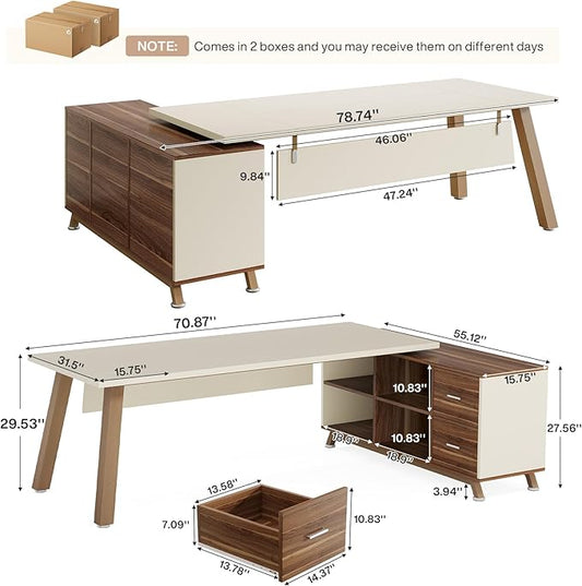 Tribesigns 78.7" L-Shaped Executive Desk, Modern Office Desk with File Drawers & Storage Shelves, Large Computer Desk with 55-Inch Cabinet, Business Workstation for Home Office, White & Walnut