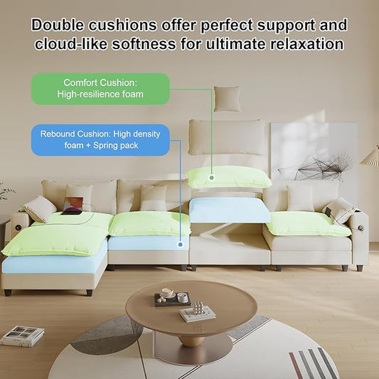 Cloud Couch, Modular Sectional Sofa with Ottoman, Charging Station, Throw Pillows, Cup Holders, Modern Convertible L Shaped Couches for Living Room, Bedroom (White, 152"- L Shape)