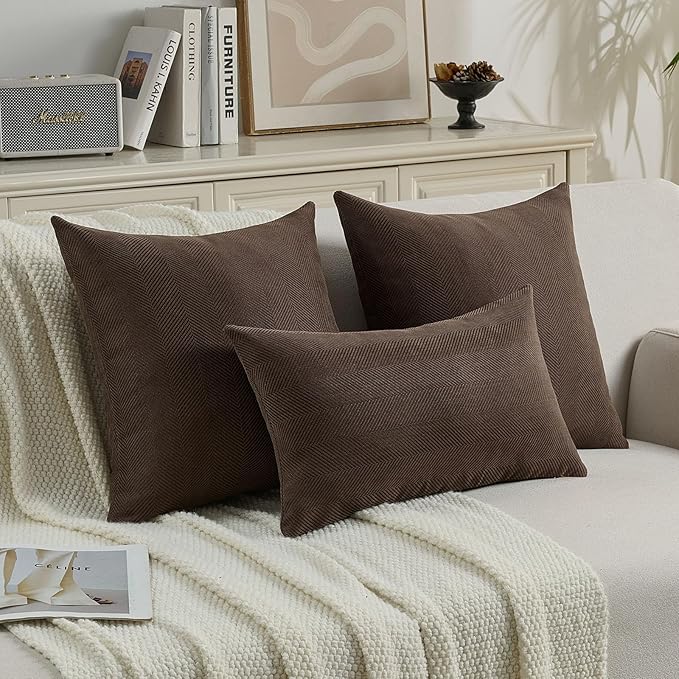 FUTEI Dark Coffee Chenille Throw Pillow Covers 18x18 Inch Set of 2,Soft Wide Chevron Textured Cushion Case,Farmhouse Home Decor for Couch Bed Living Room