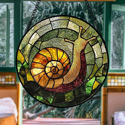 Stained Glass Window Hanging, Green Orange Snail Sun Catcher for Door Home Decor Suncatcher Christmas Mother's Day Birthday Gifts for Women Men Mom and Nana 7.8 in