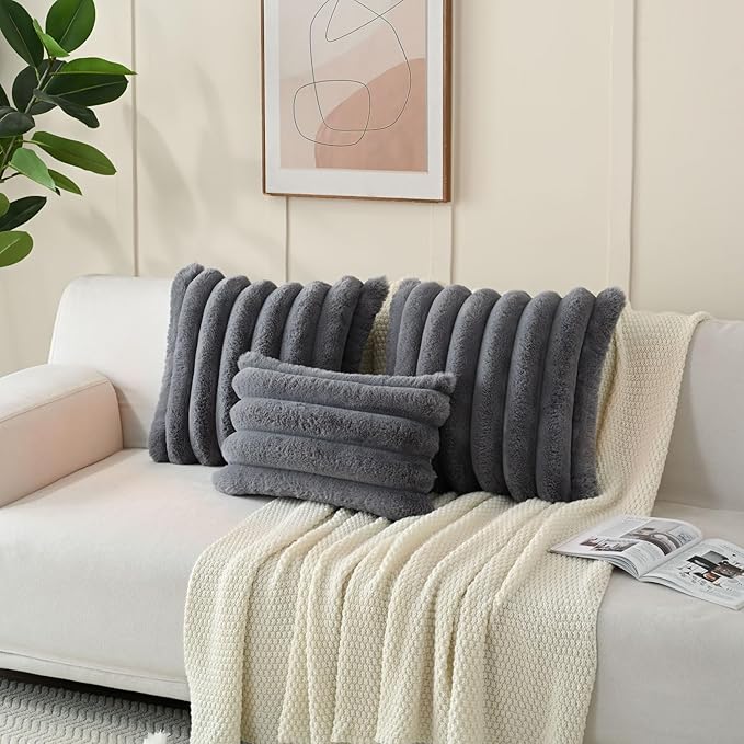 FUTEI Grey Decorative Throw Pillow Covers 12x20 Inch Set of 2, Square Soft Faux Rabbit Fur Thick Striped Lumbar Pillow Case,Winter Home Decor for Couch Bed Living Room