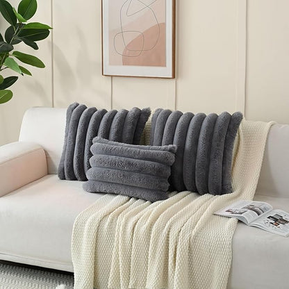FUTEI Grey Decorative Throw Pillow Covers 12x20 Inch Set of 2, Square Soft Faux Rabbit Fur Thick Striped Lumbar Pillow Case,Winter Home Decor for Couch Bed Living Room