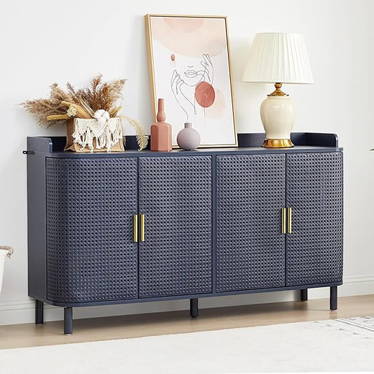 ORRD 4 Doors Storage Cabinet, 2 Tier Wooden Storage Organizer Cabinet with Adjustable Shelf, Sideboard Buffet Cabinets with Iron Curved Doors Accent Shoe Rack for Entryway Hallway Living Room (Blue)