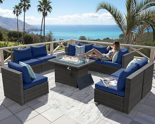 NICESOUL Extra Large 9 Pcs Outdoor Patio Furniture Set with Fireplace Natural Gas/Propane, 29.3'' High Back Modular Sectional Sofas, Modern Conversations for Outside, 2 Color Cushion Royal Blue &Grey