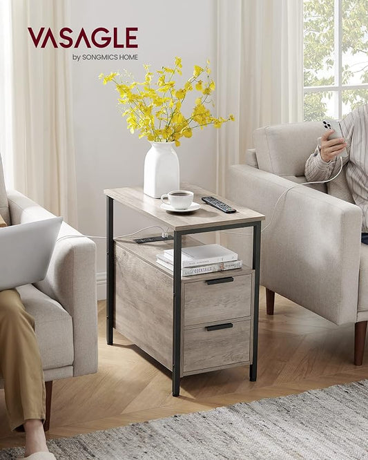 VASAGLE Side End Table with Charging Station, Slim Nightstand with 2 Drawers, Narrow Bedside Table for Living Room, Small Spaces, Heather Greige and Ink Black ULET321B02