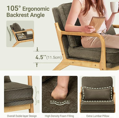 Modern Accent Chair Set of 2 with Lumbar Pillow, Relaxing Mid Century Chair Armchair with Solid Wood Frame & Soft Cushion, Reading Leisure Armchair for Living Room, Green