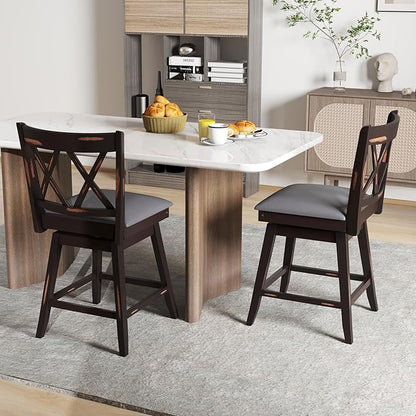 COSTWAY Bar Stool Set of 4 for Kitchen Island, 25" Counter Height Chair with Ergonomic Backrest, Foot Rest, Waterproof PVC Surface & Solid Wood Structure, 360°Swivel Farmhouse Barstool with Back