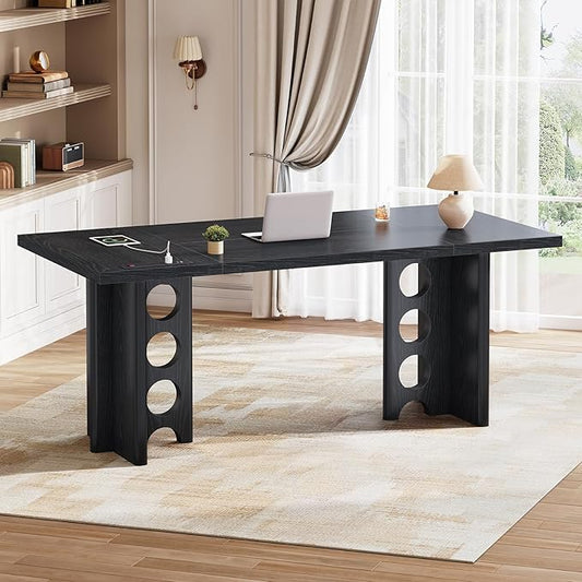 63 Inch Executive Desk, Large Computer Office Desks with Power Outlet, Modern Laptop Desk Writing Table Workstation Business Furniture (Black)