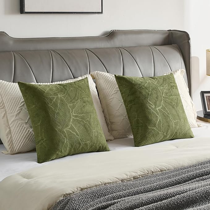 FUTEI Moss Green Velvet Throw Pillow Covers 22x22 Inch Set of 2,Soft Embossed Leaf-Relief Textured Cushion Cases,Natural Home Decor for Couch Living Room