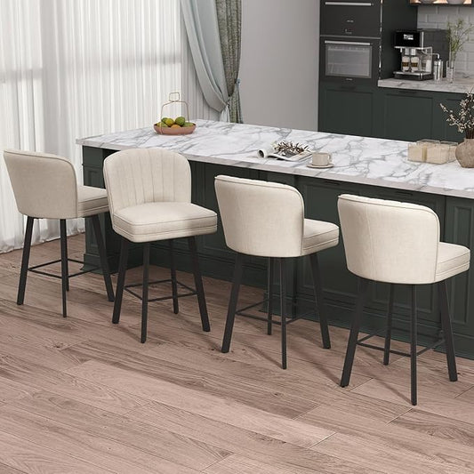 Swivel Counter Height Bar Stools Set of 6, 26'' Modern Barstools with Backs and Metal Legs, Upholstered Bar Chairs, Beige, Fabric Stools for Kitchen Island Chairs