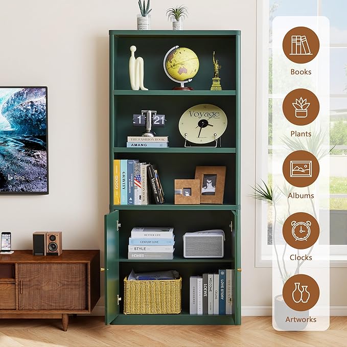 70.8" Tall Fluted Bookshelf with Storage Cabinet Set of 2, Modern 5-Tier Wood Bookcase with Open Display Storage Shelf, Gold Handles for Office Living Room (Green)