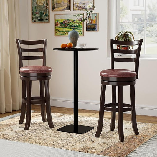 COSTWAY 30” Bar Height Stools Set of 2, Swivel l High-Top Chairs with Backrest & Faux Leather Padded Seat, Rubber Wood Barstools with Footrest for Kitchen, Dining Room, Pub (2,30'')