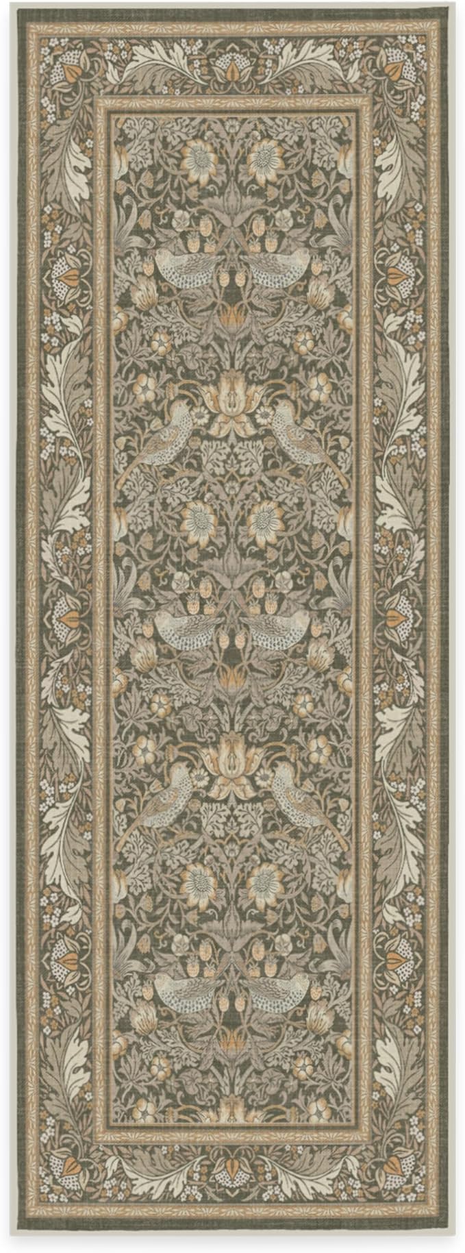 RUGGABLE x Morris & Co Machine Washable Runner Rug – Strawberry Thief Stone Gold 2.5x7, Stain-Resistant, Non-Slip – Washable Rug for Hallway, Entryway, Living Room & Kitchen–with Standard Pad