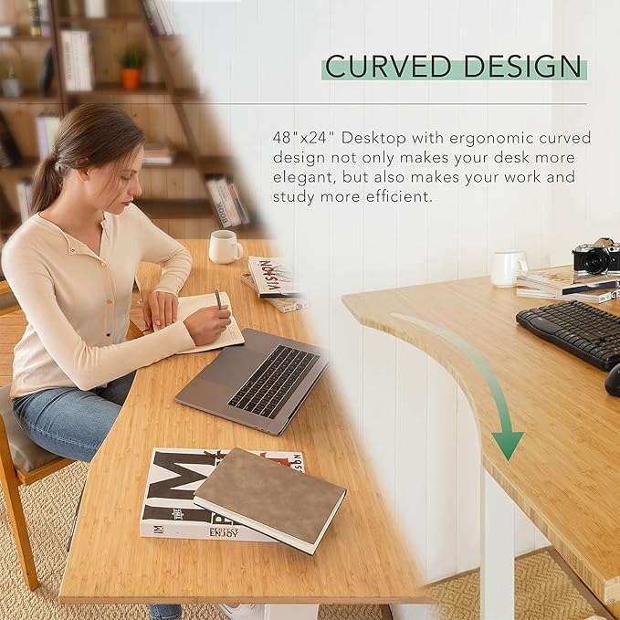 FlexiSpot E6 Bamboo 3-Stage Dual Motor Electric Standing Desk 55 x 28 Sit Stand Up Desk, Holds 220 lbs, Adjustable Height w/ Memory Presets, Solid Bamboo Curved Desktop & Black Frame, Ships in 2 Boxes