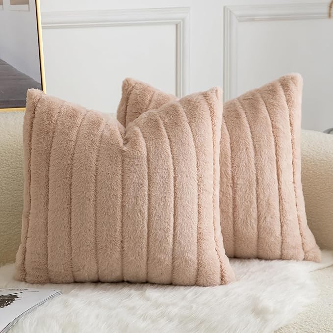 Pack of 2 Faux Fur Throw Pillow Covers 20x20 Inch Striped Decorative Soft Plush Couch Pillow Case Home Decor for Bed, Sofa, Living Room Beige