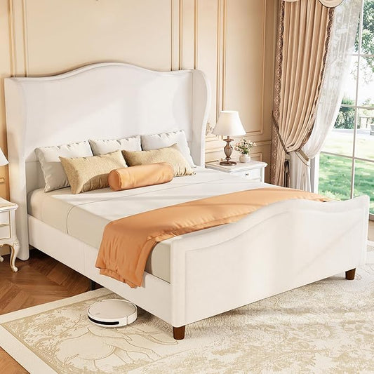 koorlian Queen Size Bed Frame Chenille Upholstered Platform Bed with 51" Tall Headboard and High Deep Tufted Footboard, Modern Retro Minimalist Style Wingback Sleigh Bed, Easy Assembly, Cream