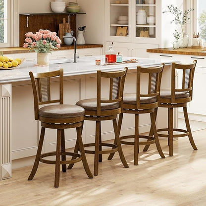 COSTWAY Counter Height Barstools Set of 4, 25” Solid Rubber Wood Swivel Counter Chairs with Faux Leather Seat, Curved PE Rattan Back, for Living Room & Kitchen Island, Brown (4, 25” Seat Height)