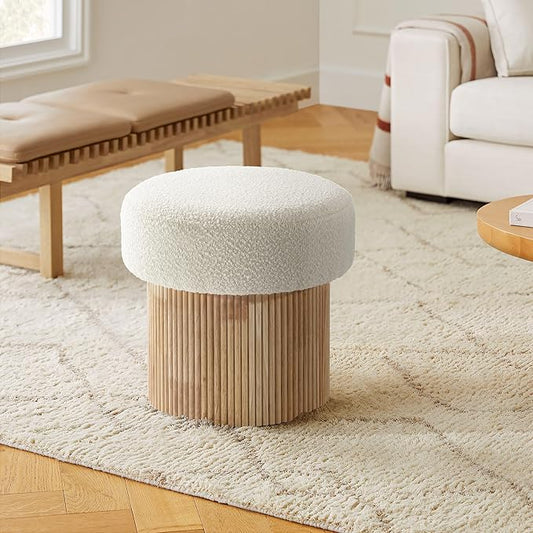 LuxenHome Storage Ottoman, 15.5"W x 15.5"H Modern Upholstered Padded Ivory Footstool with Storage and Wood Fluted Base, Accent Small Table, Footrest Vanity Stool for Living Room, Bedroom, Small Space
