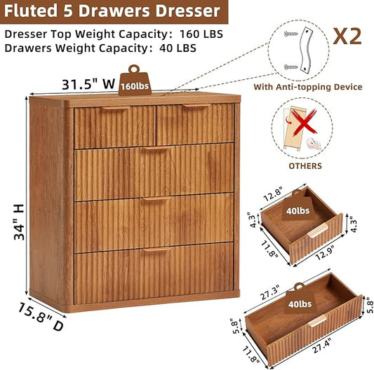 LEYAOYAO Fluted 5 Drawers Dresser for Bedroom, 34" Tall Modern Chest of Drawers with Metal Handle, Curved Profile Design,Brown Wood Drawer Organizer for Bedroom, Living Room, Hallway, Entryway