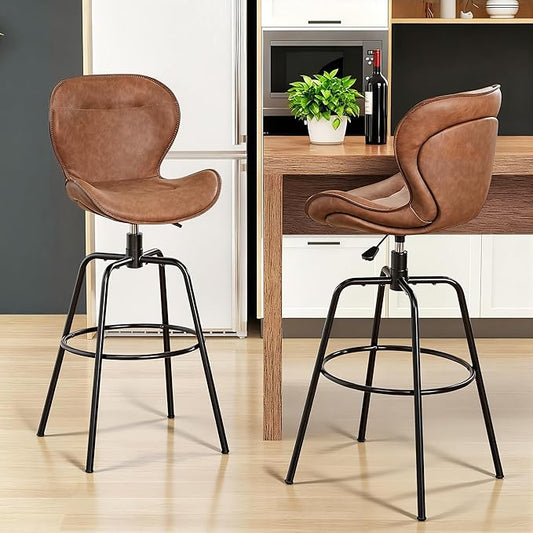 VECELO Swivel Counter Height Bar Stools Set of 2, Faux Leather Upholstered Bar Chairs with Back, Sturdy, Stylish, Easy to Clean, Barstools for Kitchen Island, Brown