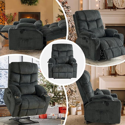 ABCASA Oversized Dual Motor Lay Flat Power Lift Recliner Chair Set of 2 for Elderly with Massage and Heat, Textile Large Recliner Chair, Lift Chairs Recliner with Lumbar Pillow, Cup Holder, Grey
