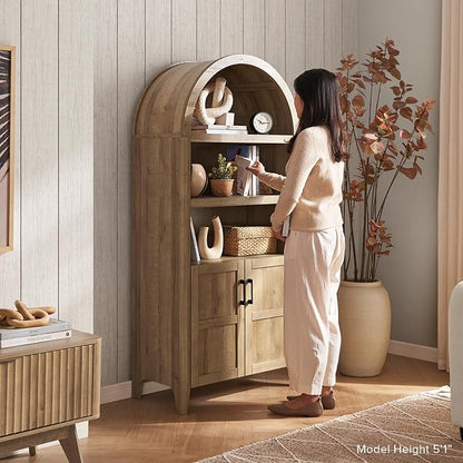 mopio Lauren 65.4" Short Arched Cabinet, 5-Tier Arched Bookcase with Doors and Shelves, Mini Arch Bookshelf with Storage, Wooden Storage Cabinet for Living Room and Kitchen Pantry (Oak)