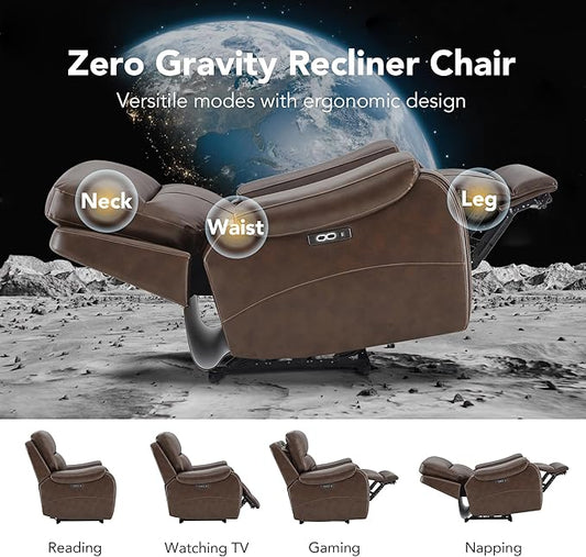 CHITA Large Power Zero Gravity Recliner Chair, Genuine Leather Recliner Chair for Adults with Adjustable Power Headrest and Hidden Slide-Out Cupholders, USB and Type-C Ports, Dark Brown
