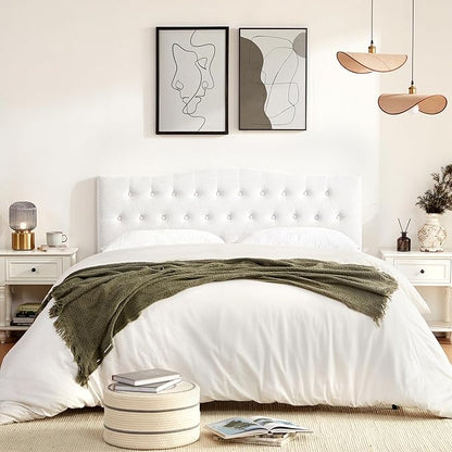 Tufted Upholstered Headboard Full Size, Sturdy and Durable Solid Wood Full XL headboard, Fabric Headboard Adjustable Height from 37” to 51”, Modern Button Diamond Design Head Board, White