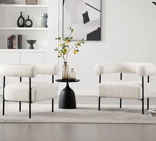 Modern Accent Chairs Set of 2, White Boucle Side Chairs with Curved Back, Sherpa Barrel Vanity ChairsArmchairs with Black Metal Legs & Upholstered for Living Room, Makeup Room