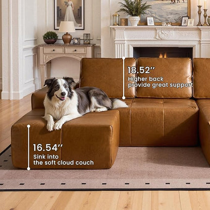 114" Cloud Sectional Couch with L-Shape Chaise & Ottoman, Modern Boneless Couches for Living Room, Fluffy Tufted Deep Seat Modular Sofa No Assembly (Faux Leather,Brown,Right Facing)
