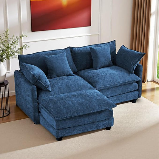 77" Cloud Chenille L-Shaped Sofa with Ottoman | Space-Saving Apartment Couch with 29.1" Deep Seat & Footrest | FSC Certified Solid Wood & Metal Frame | Easy Assembly & 1YR Guarantee