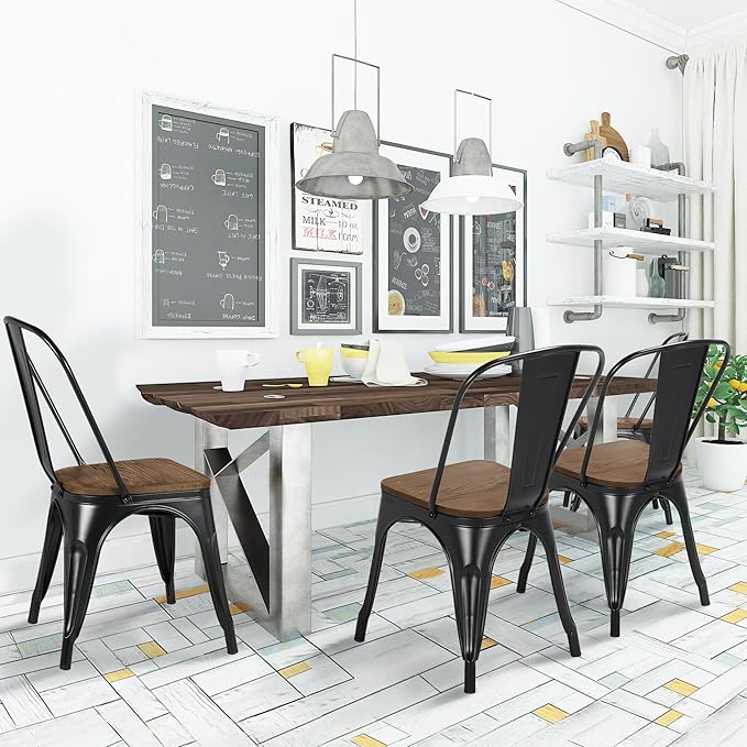 Yaheetech 18 Inch Classic Iron Metal Dining Chair with Wood Top/Seat Indoor-Outdoor Use Chic Dining Bistro Cafe Side Barstool Bar Chair Coffee Chair Set of 4 Black
