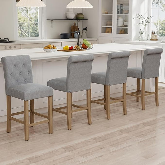 GOTMINSI 24" Bar Stools Set of 4 for Kitchen Island Upholstered Counter Height Bar Stools with Button Tufted Decoration Barstools Home Kitchen Island Wooden Bar Chairs Grey