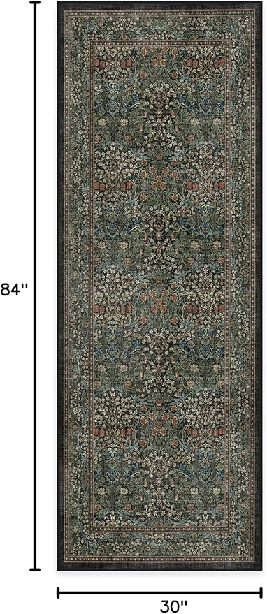 RUGGABLE x Morris & Co Machine Washable Runner Rug – Blackthorn Forest Green 2.5x7, Stain-Resistant, Non-Slip – Washable Rug for Hallway, Entryway, Living Room & Kitchen–with Cushioned Pad