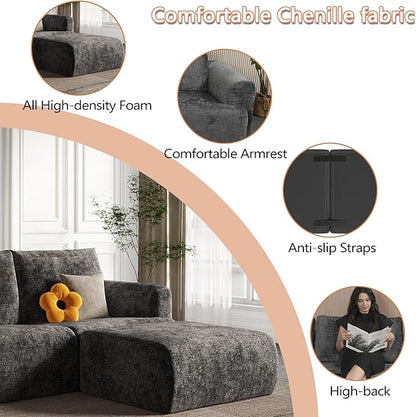 EASE MOOSE Sectional Cloud Couch Oversized for Living Room, 7-Seat Modular Boneless Sofa U-Shaped Sofa with Ottoman, No-Assembly Chenille Couch, Dark Grey