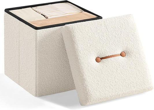 SONGMICS Small Folding Storage Ottoman, Foot Rest Stool, 15 x 15 x 15 Inches, Ottoman with Storage, Load up to 660 lb, for Living Room, Bedroom, Dorm, Cream White ULSF095W01