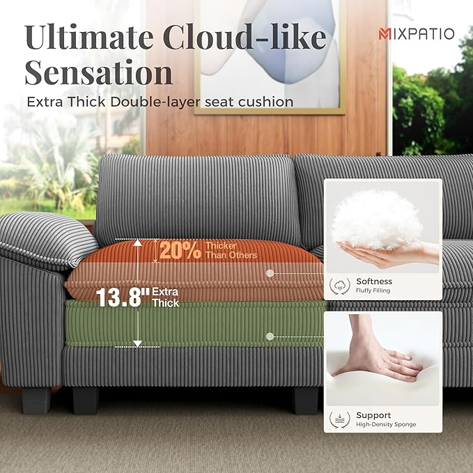 87" Cloud Modular Sectional Loveseat, 2-Seater w/Deep Seat & Removable Arms, Plush Corduroy for Small Living Room & Apartment - Gray