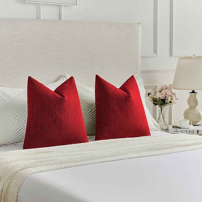 FUTEI Christmas Red Chenille Decorative Throw Pillow Covers 22x22 Inch Set of 2,Soft Cozy Faux Linen Textured Cushion Case,Farmhouse Home Decor for Couch Living Room