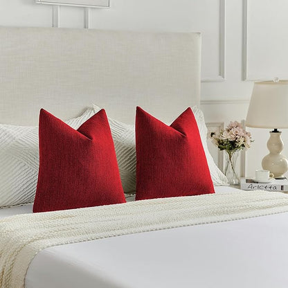 FUTEI Christmas Red Chenille Decorative Throw Pillow Covers 16x16 Inch Set of 2,Soft Cozy Faux Linen Textured Cushion Case,Farmhouse Home Decor for Couch Living Room
