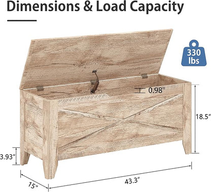 VECELO 43.3" Storage Bench, Entryway Shoe Ottoman, Farmhouse Style Bench with Handwoven Cushion and Metal Safety Hinges for Bedroom, Living Room, Entryway, Wood